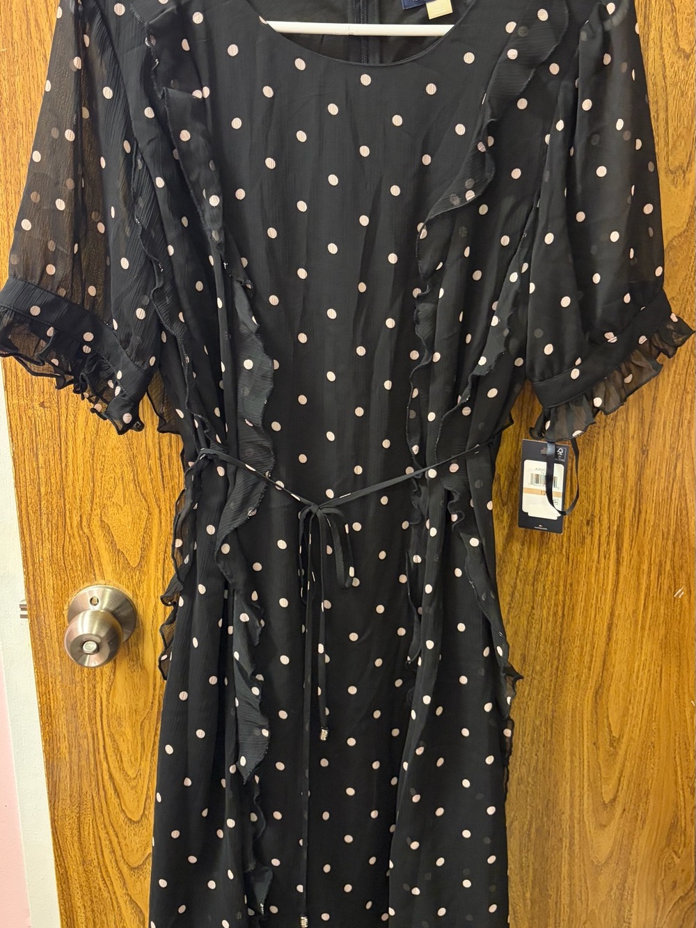 Tommy Hilfiger Black Midi Dress with Light Pink Polka Dots and Tie Waist